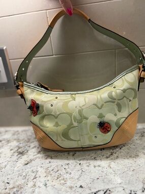 Vintage Coach Light Green Signature Hobo with Tan Trim and Ladybug Accents
